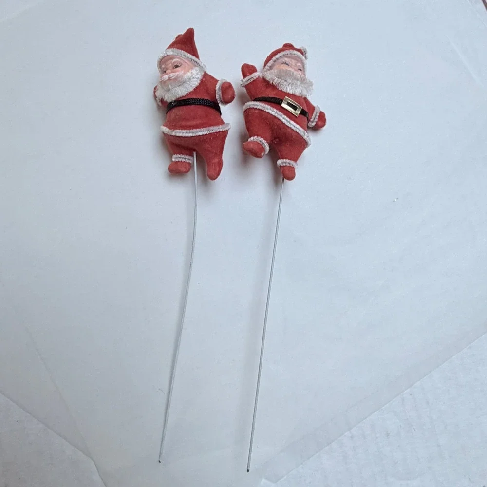 Vintage Flocked Santa Claus Floral Picks Red Tinsel Winking Face Set of 2 Retro